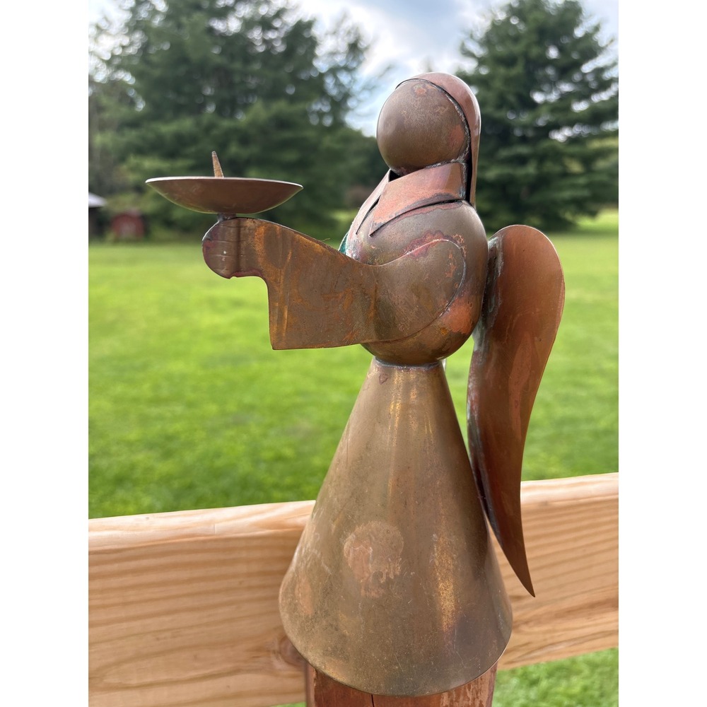 Vintage Copper Brass Angel Candle Holder Rustic Patina Folk Art Christmas Decor